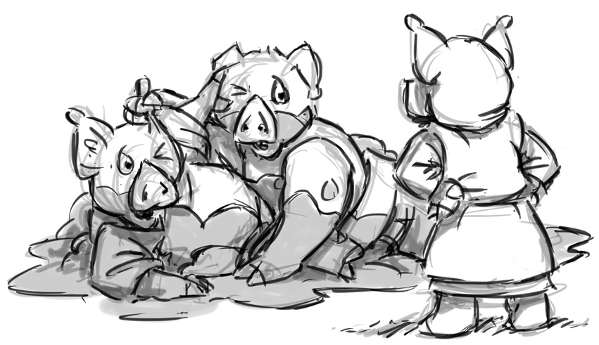 Rough version of Rusty and Hamish getting into trouble from the 3 Little Pigs